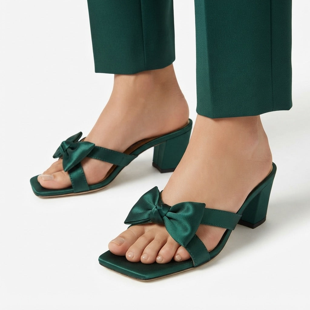 SATIN BOW BLOCK HEELS
