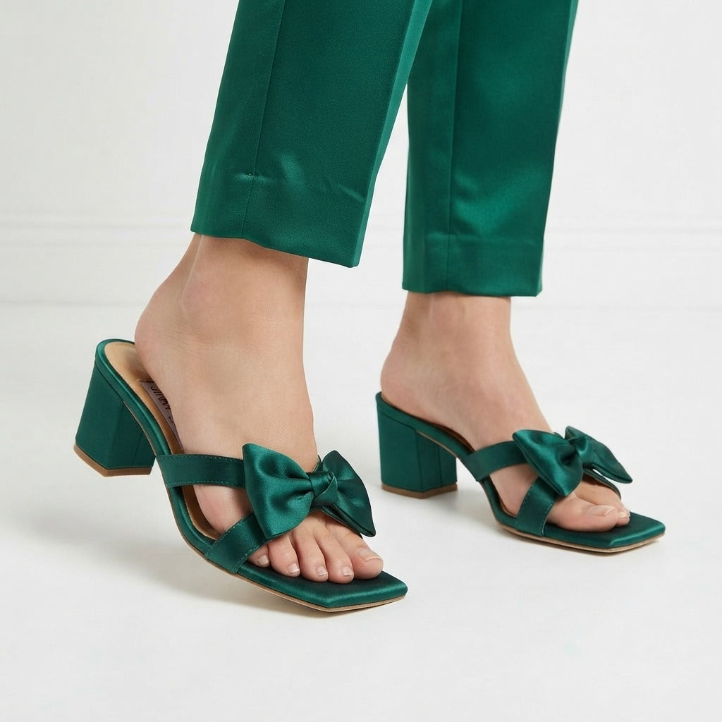 SATIN BOW BLOCK HEELS