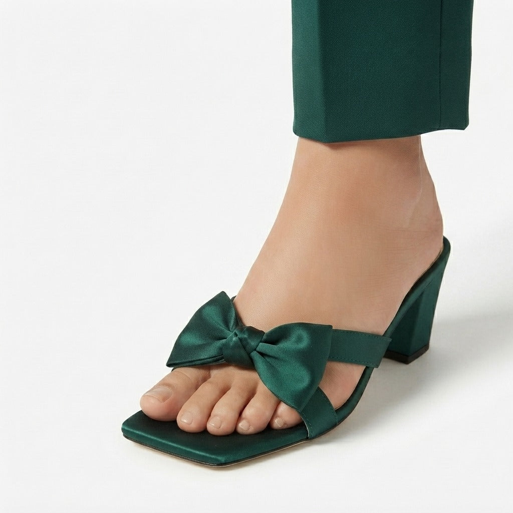 SATIN BOW BLOCK HEELS
