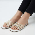 WHITE STUDDED STRAPPY SLIDES