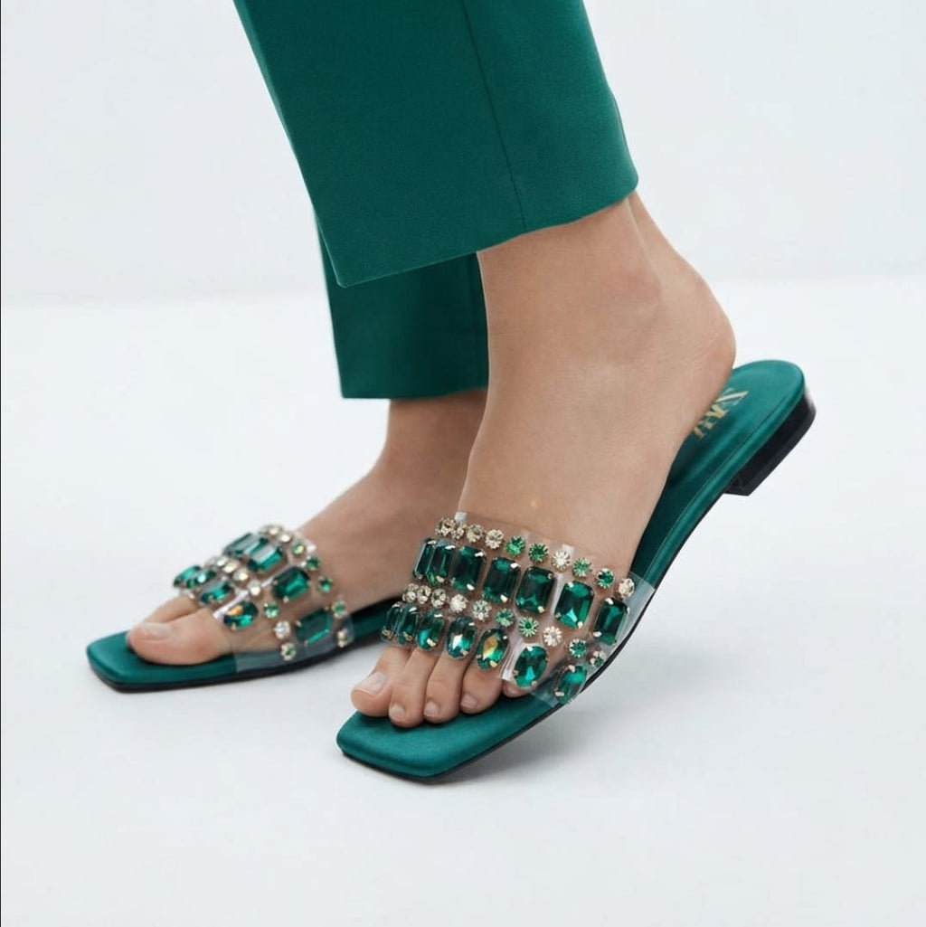 EMERALD GREEN EMBELLISHED SLIDES