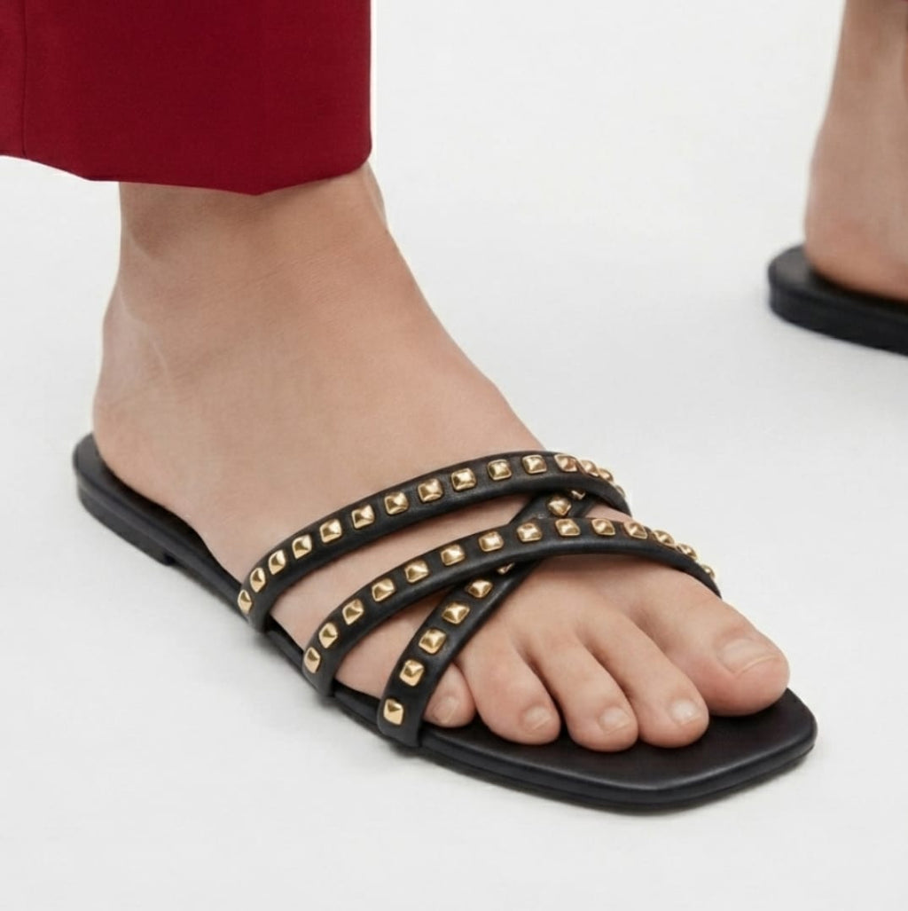 BLACK STUDDED CROSS STRAP SLIDES