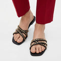 BLACK STUDDED CROSS STRAP SLIDES