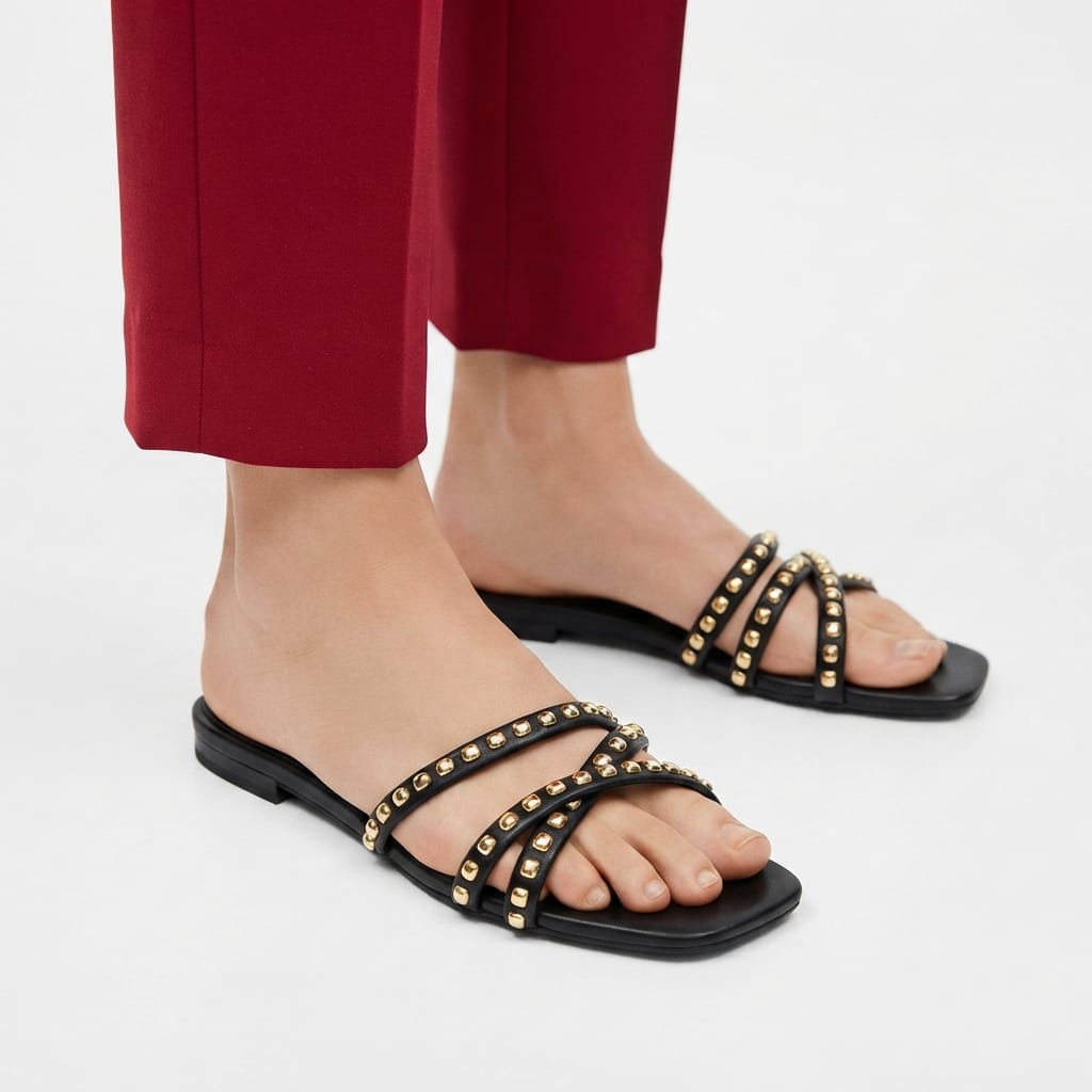 BLACK STUDDED CROSS STRAP SLIDES