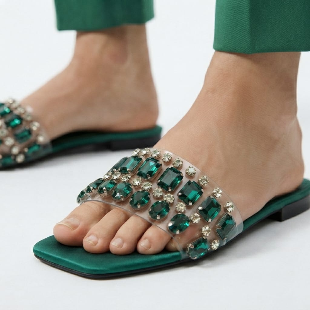 EMERALD GREEN EMBELLISHED SLIDES