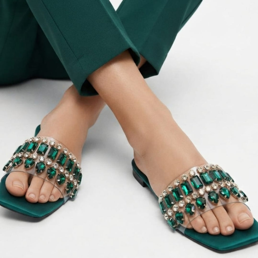 EMERALD GREEN EMBELLISHED SLIDES
