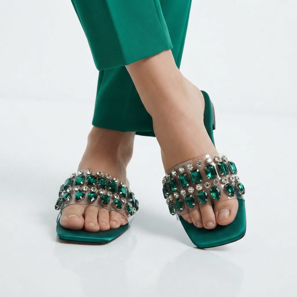 EMERALD GREEN EMBELLISHED SLIDES