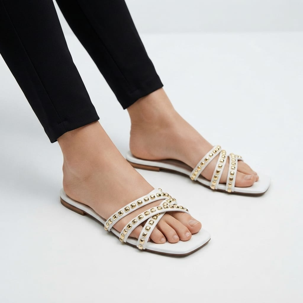 WHITE STUDDED STRAPPY SLIDES