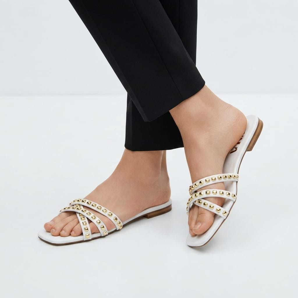 WHITE STUDDED STRAPPY SLIDES