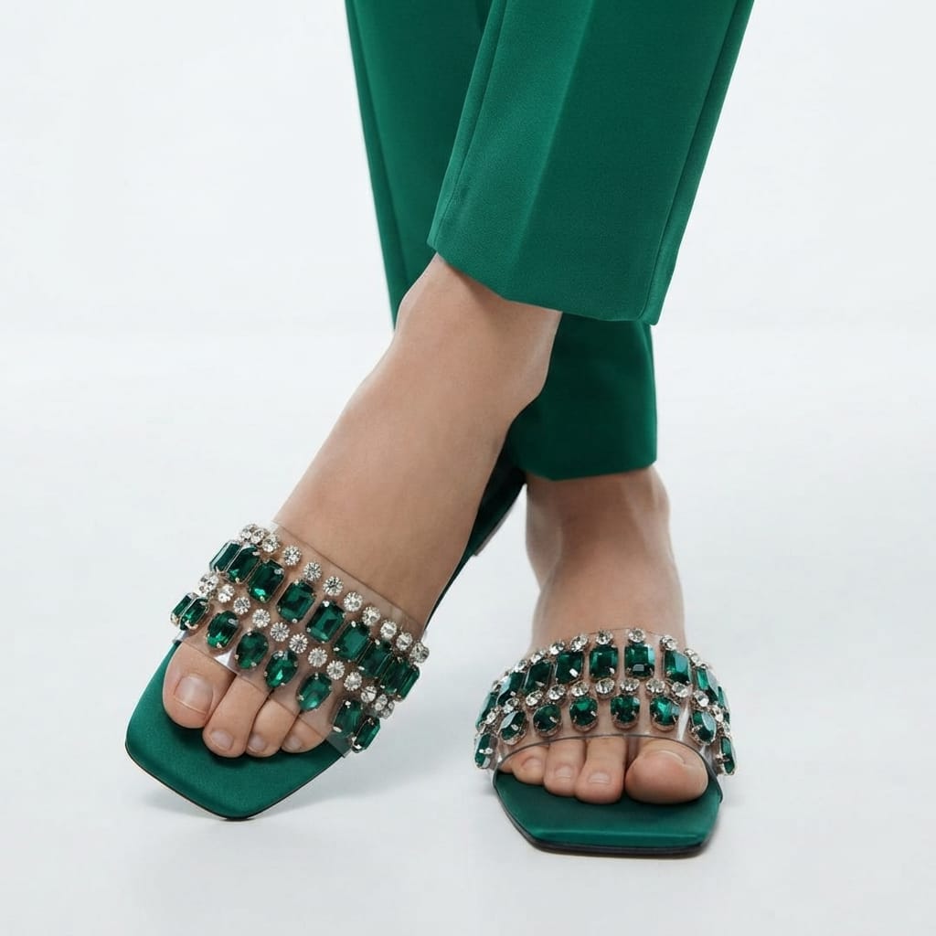EMERALD GREEN EMBELLISHED SLIDES