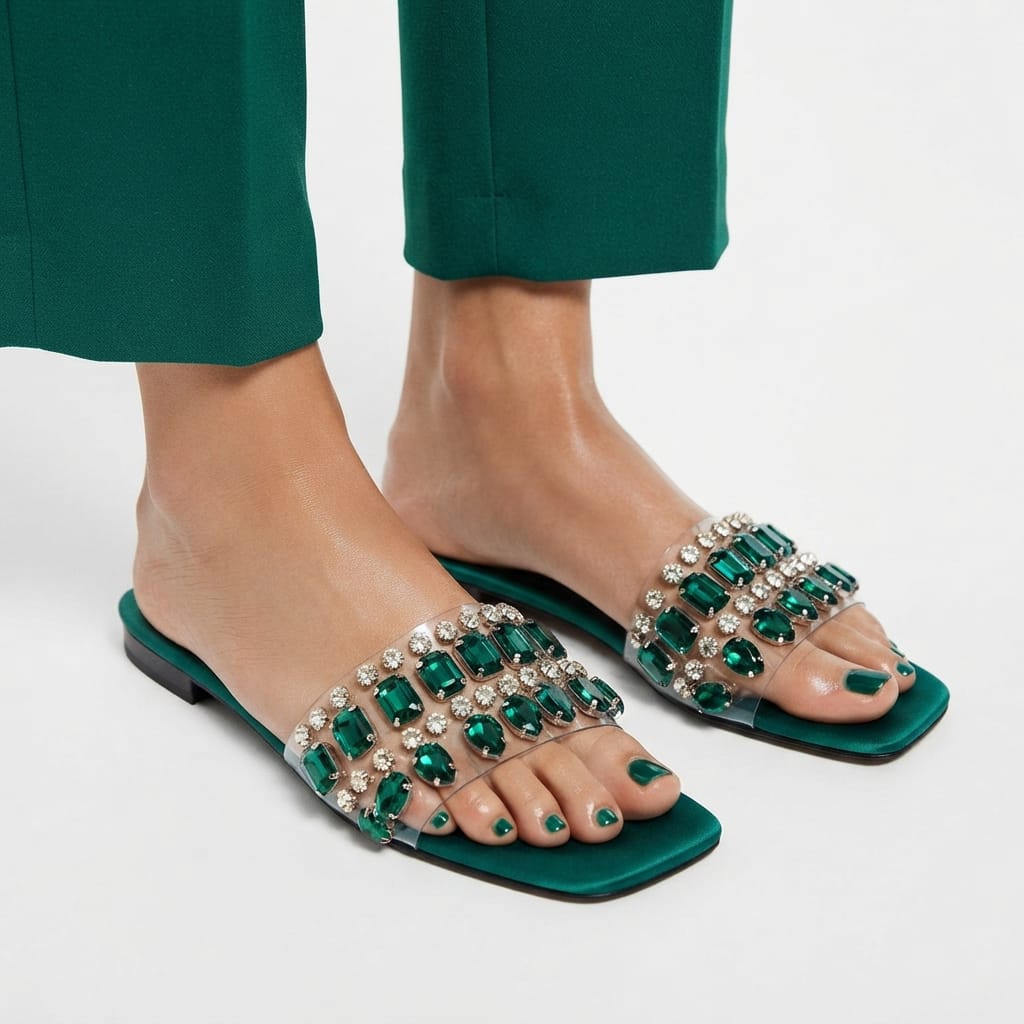 EMERALD GREEN EMBELLISHED SLIDES