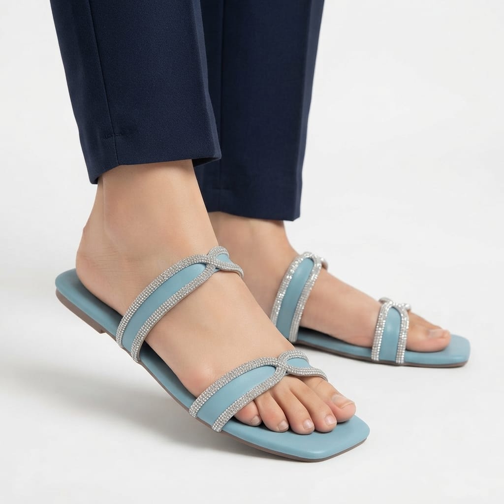BLUE RHINESTONE DOUBLE STRAP FLAT SANDALS