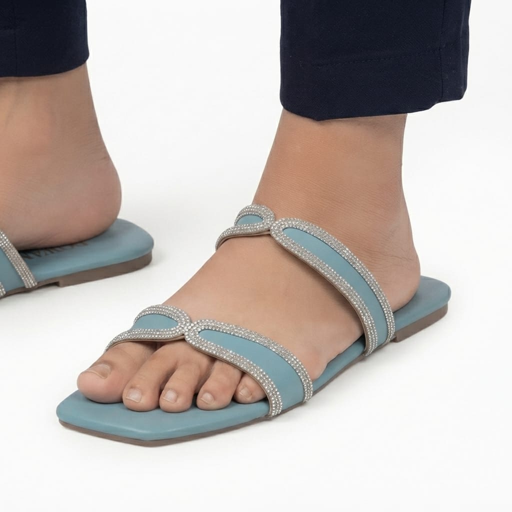 BLUE RHINESTONE DOUBLE STRAP FLAT SANDALS